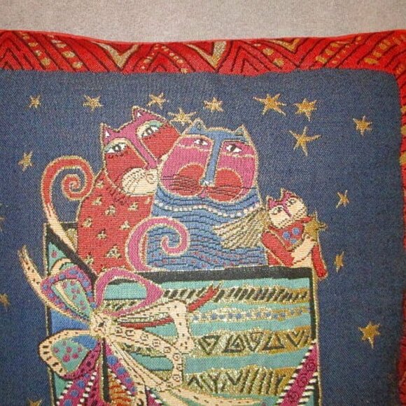 90s Vtg Laurel Burch Celestial Cats Tapestry Throw Pillow Reversible Velvet 18” - Picture 2 of 10